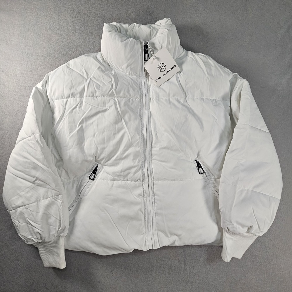 Pink Diamond Puffer Jacket Womens Medium White NWT Oversized JA2305